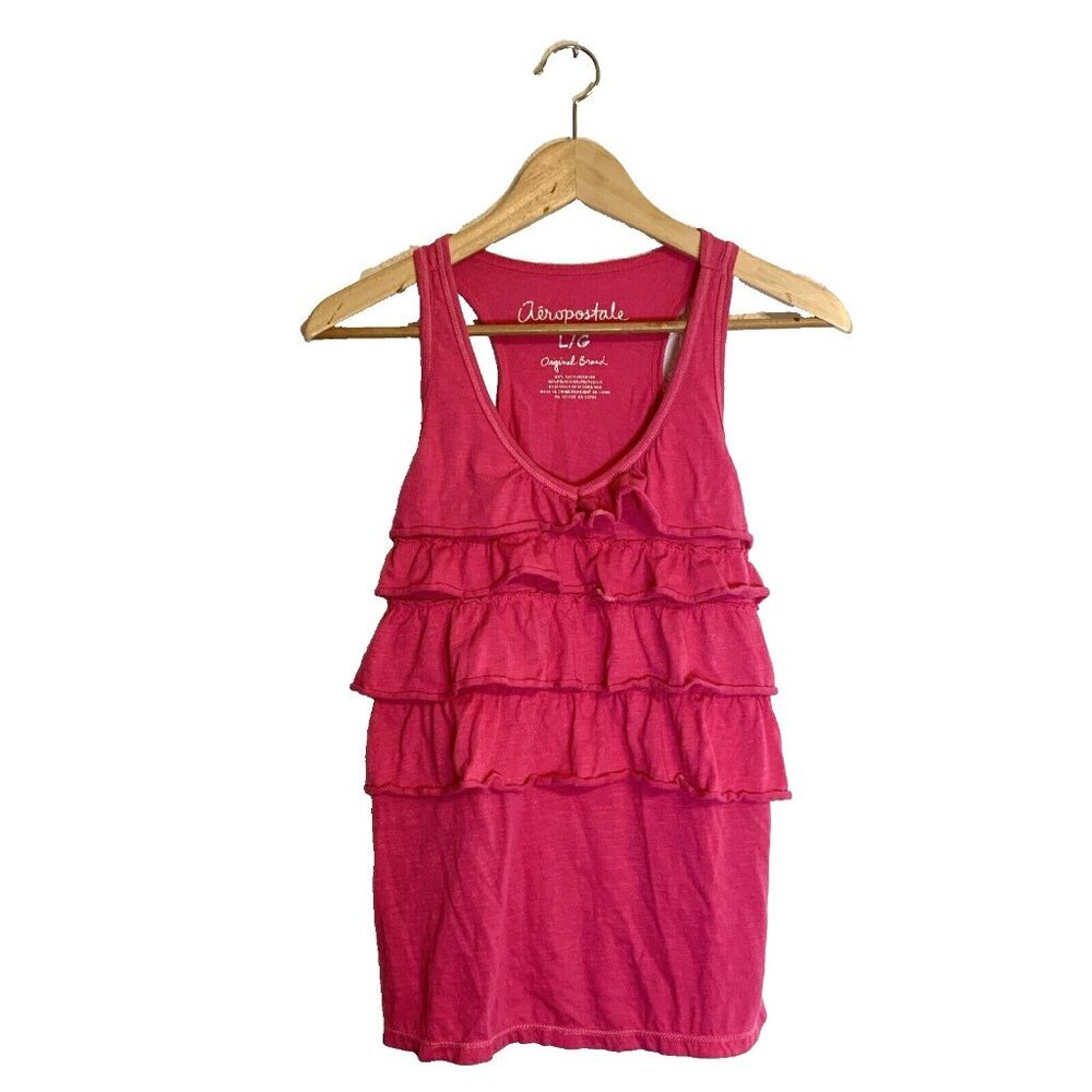 Vintage Aeropostale Womens Top Pink Sleeveless Ruffles Tank Sz Lg Y2K Whimsical